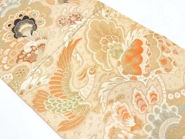 JAPANESE KIMONO / ANTIQUE MARU OBI / WOVEN FLOWER & BIRD